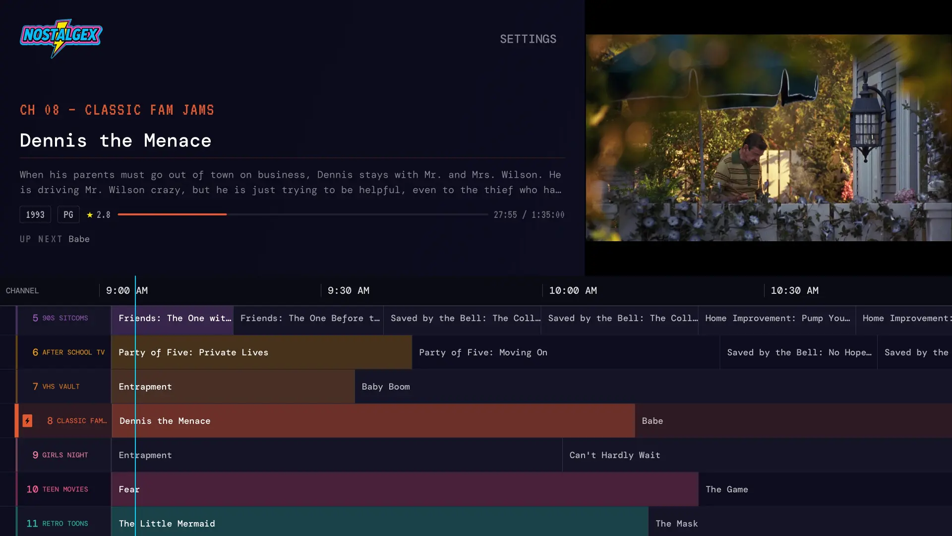 A full Nostalgex channel guide with a grid of channels and what is airing on each