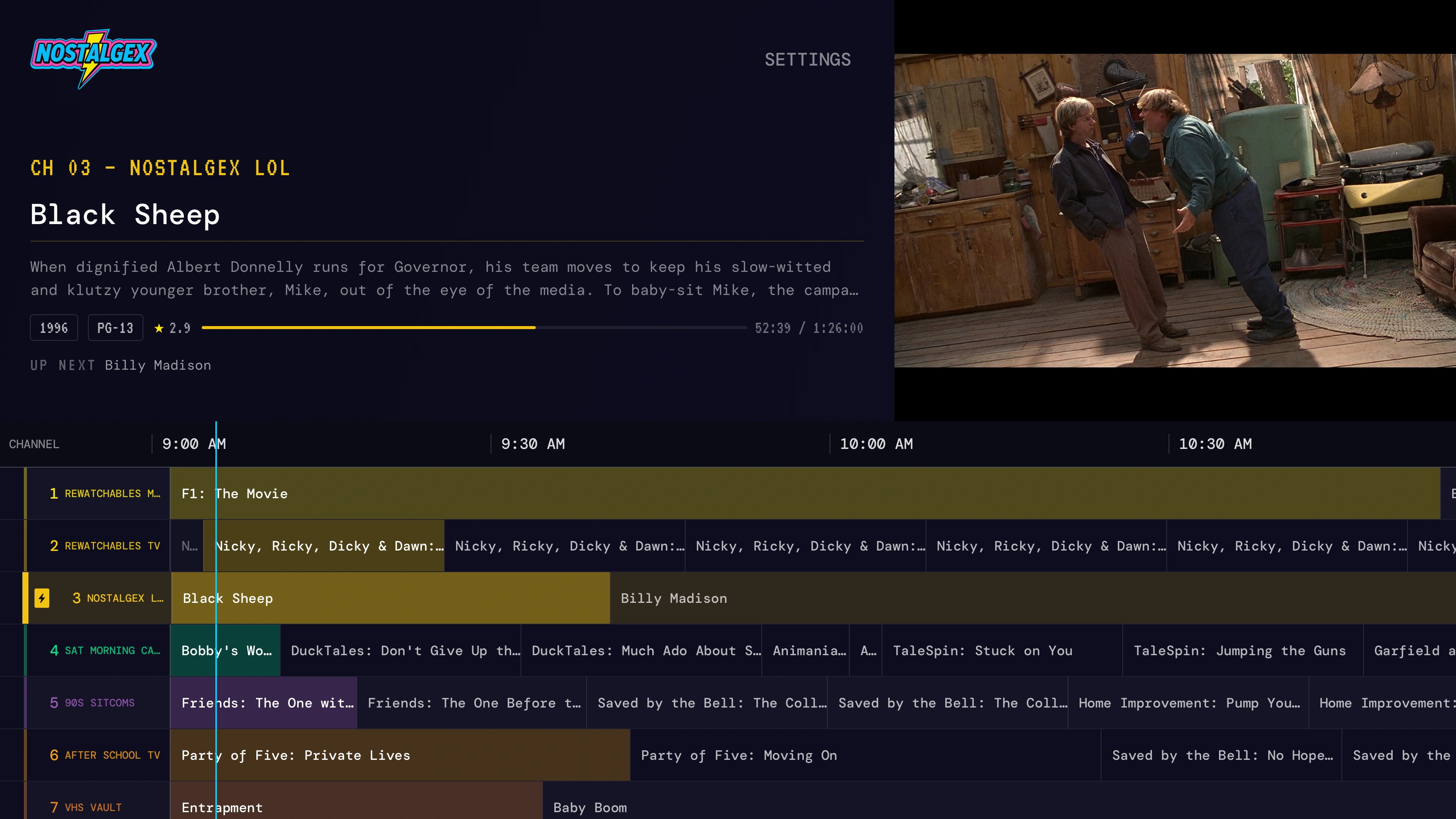 The Nostalgex channel guide on Apple TV: Black Sheep airing on channel 3, with a full lineup of channels below