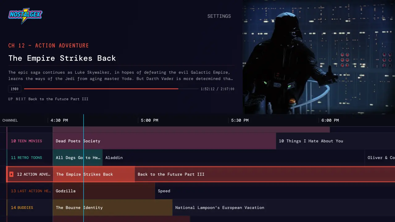 The Nostalgex channel guide on Apple TV, showing bundles of live channels built from a Plex library
