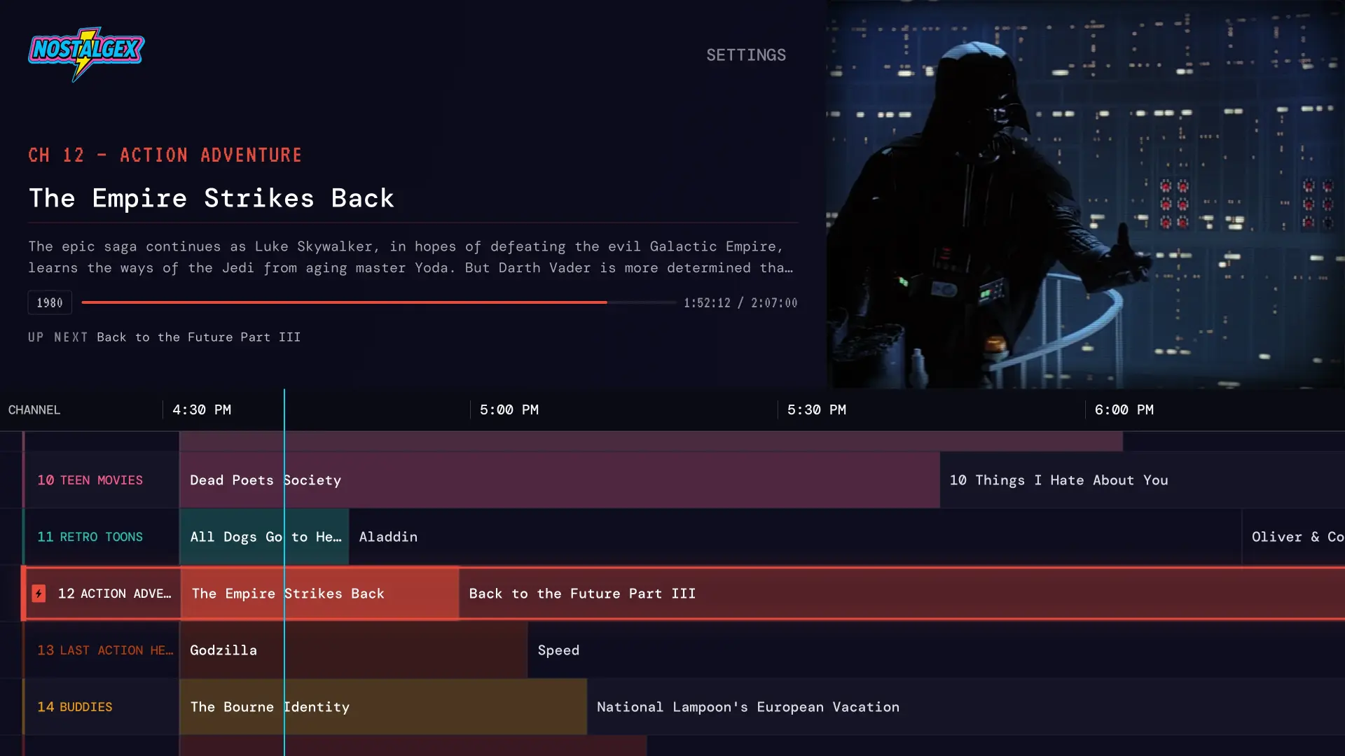 The Nostalgex guide on Apple TV: The Empire Strikes Back airing on ACTION ADVENTURE, with TEEN MOVIES, RETRO TOONS and LAST ACTION HEROES in the lineup