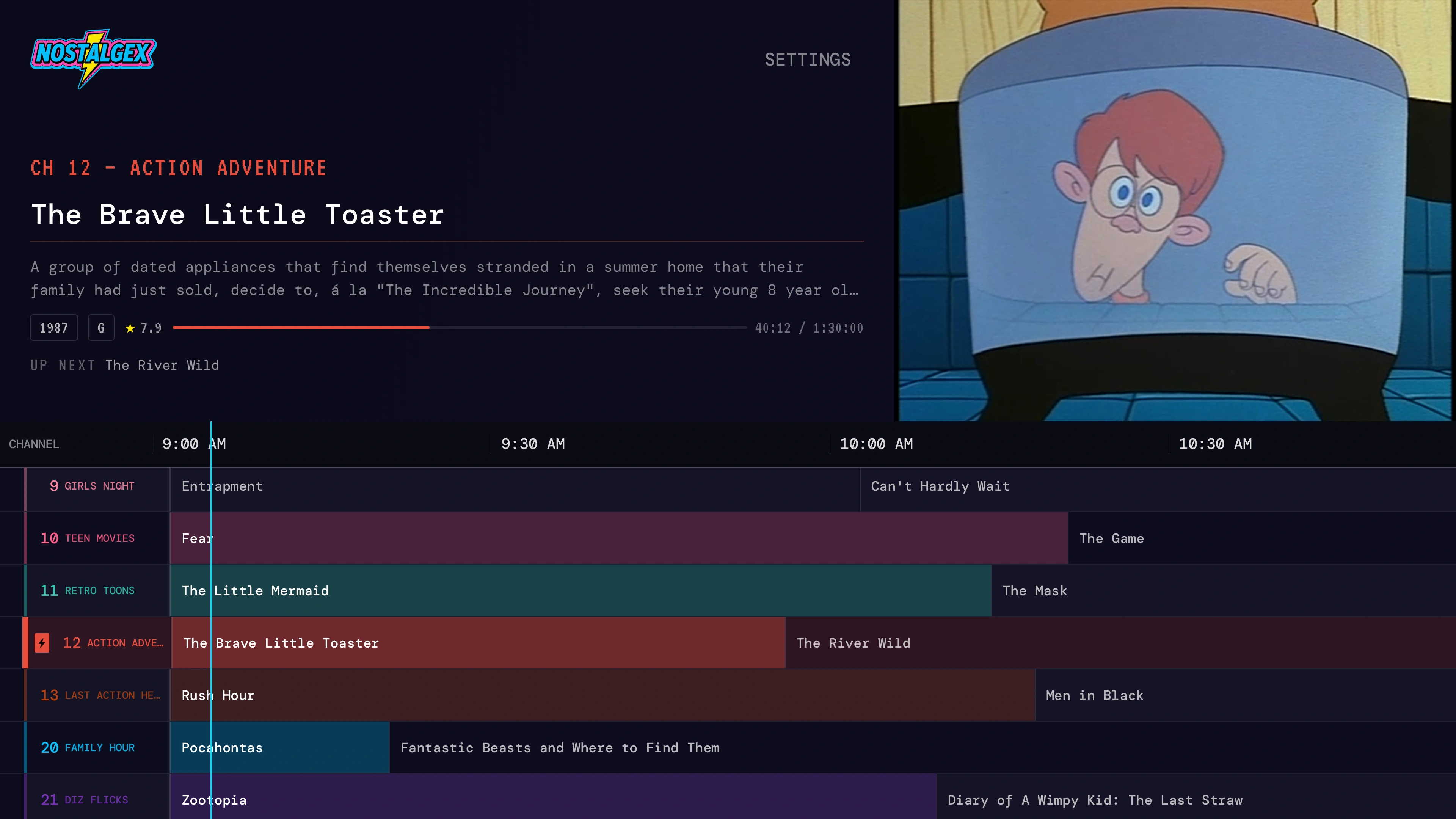 The Nostalgex guide grid: The Brave Little Toaster airing on Action Adventure, with Retro Toons, Teen Movies, and Family Hour in the lineup