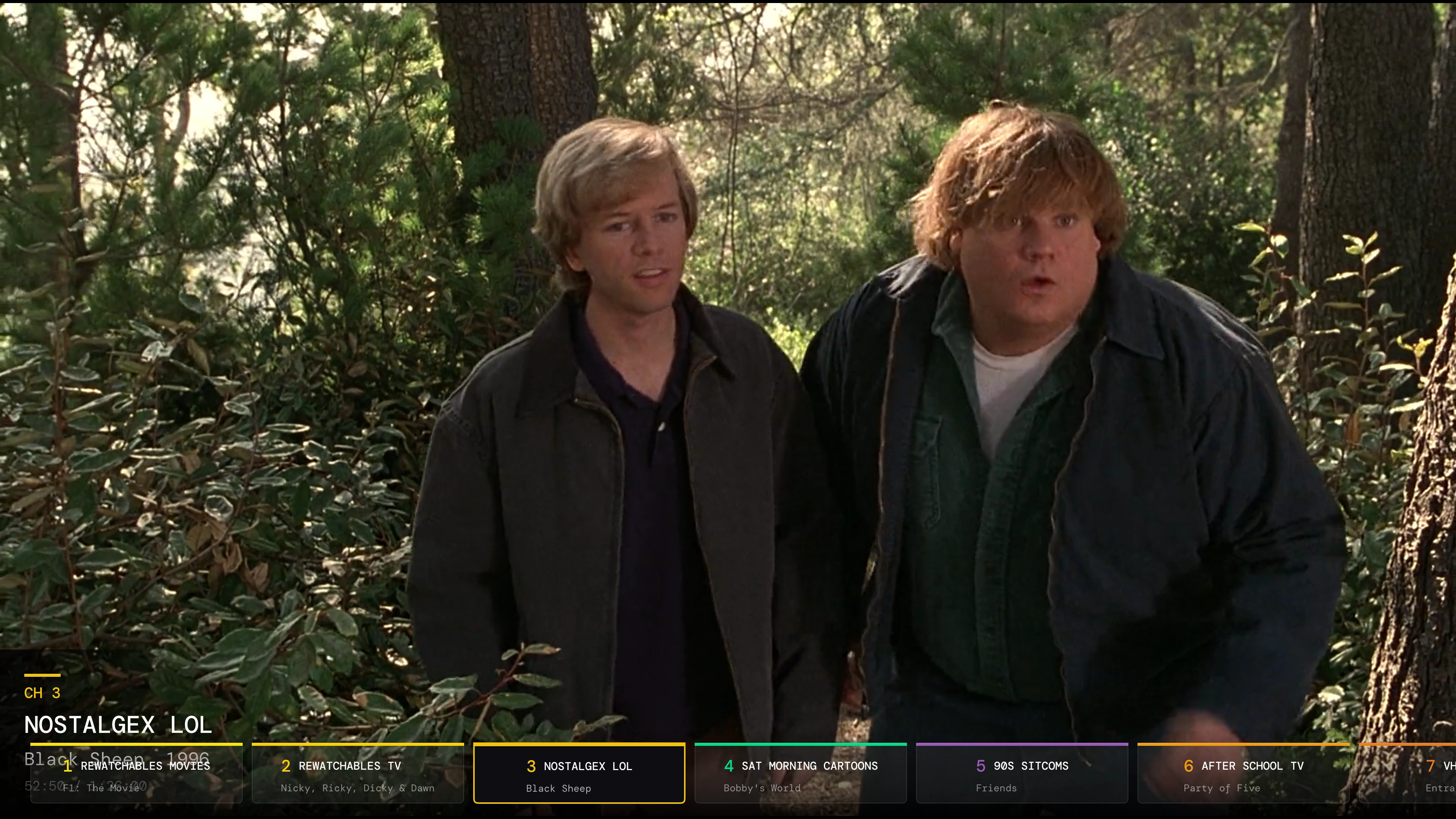 Watching Black Sheep fullscreen in Nostalgex, flipping through channels with the on-screen channel row