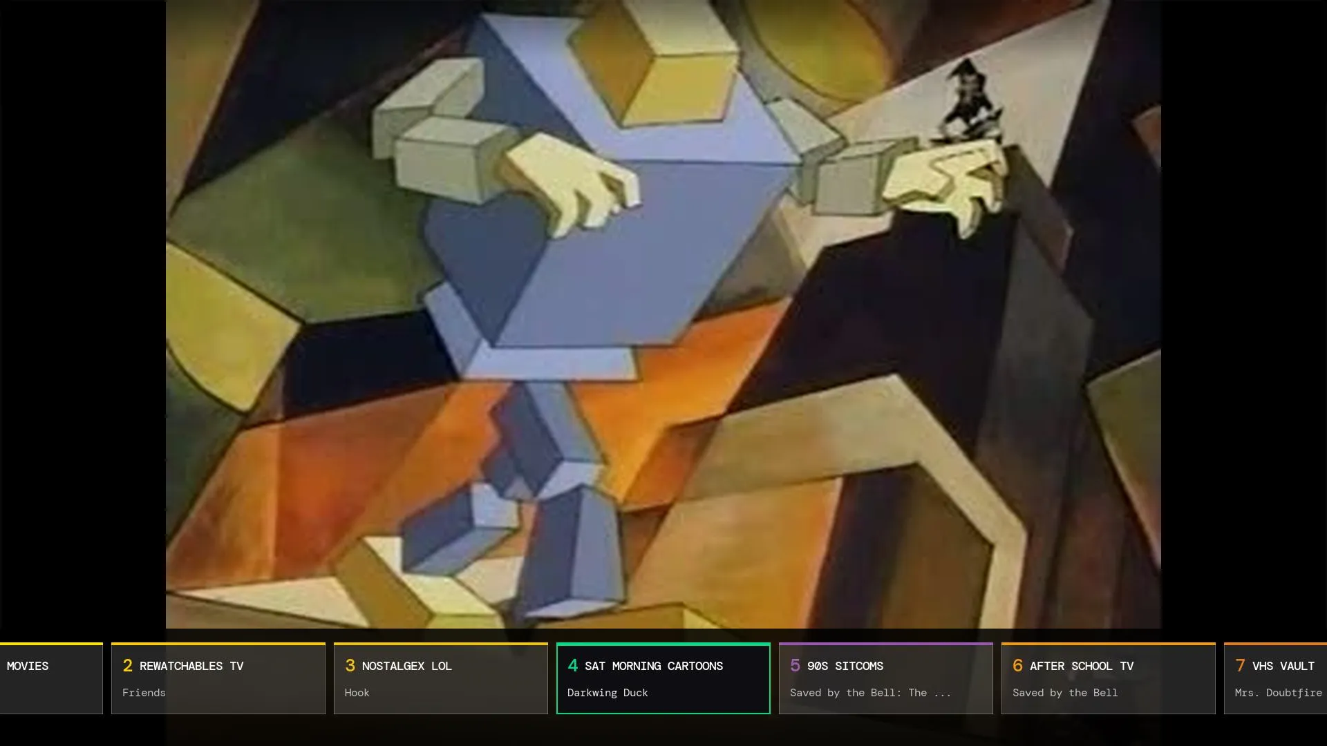 Nostalgex on Roku in full screen, with the channel strip along the bottom showing what is on channels 2 to 7